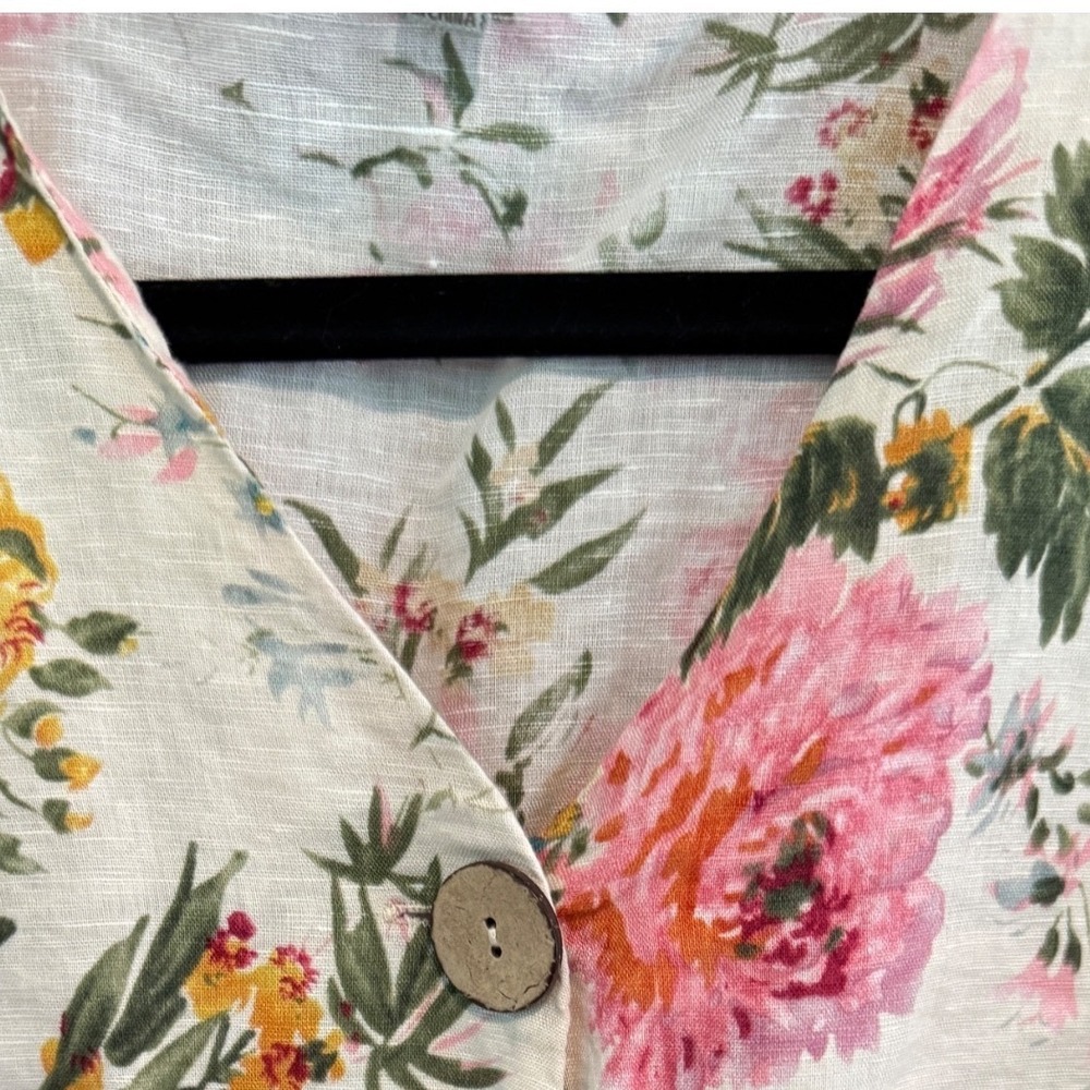 Hester & Orchard Linen Blend Floral Button Front Tie Sleeve Top L Pink Yellow - Picture 3 of 8